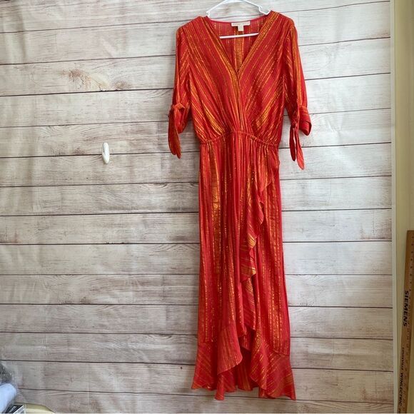 MICHAEL KORS METALLIC CREPE WRAP MAXI DRESS IN ORANGE - Picture 2 of 8